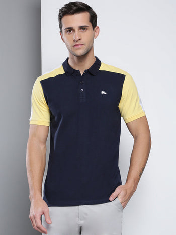 Men's Casual Slim Fit T-Shirt Half Sleeves Color Block Pattern Polo Neck Pure Cotton T-Shirt