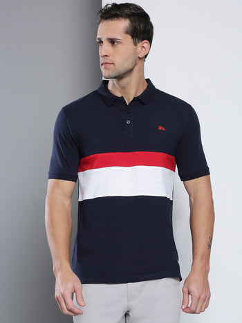 Men's Casual Slim Fit Polo Neck T-Shirt Half Sleeves Color Block Pure Cotton Polos
