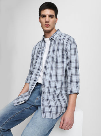 Men's Checks Blue Spread Collar Casual Shirt