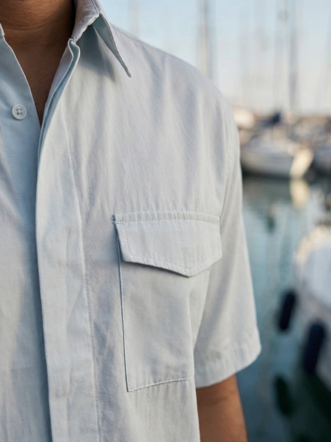 Boxy fit half sleeve cotton blend shirt with patch pocket