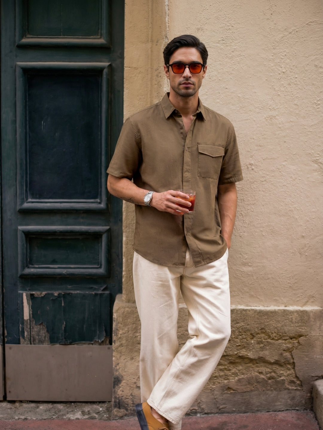 Boxy fit half sleeve cotton blend shirt with patch pocket