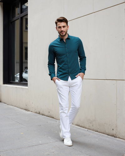 Men Teal Solid Spread Collar Full Sleeves Regular Fit Casual Shirt