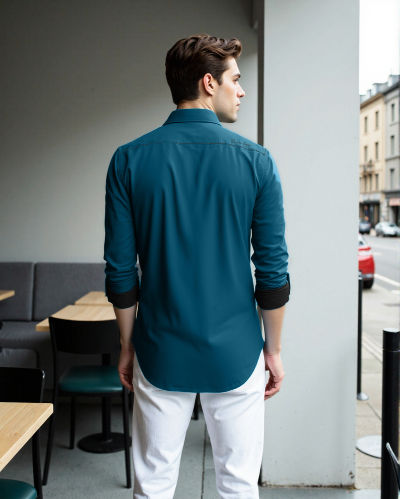 Men Teal Solid Spread Collar Full Sleeves Regular Fit Casual Shirt