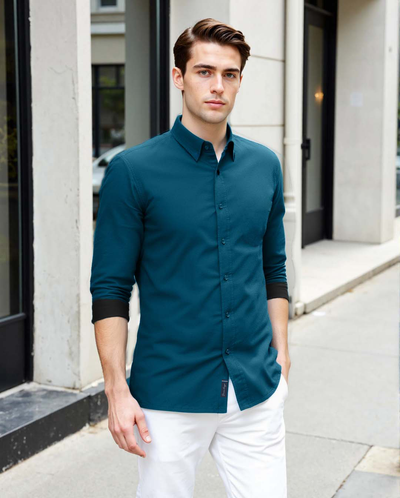 Men Teal Solid Spread Collar Full Sleeves Regular Fit Casual Shirt