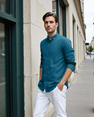 Men Teal Solid Spread Collar Full Sleeves Regular Fit Casual Shirt