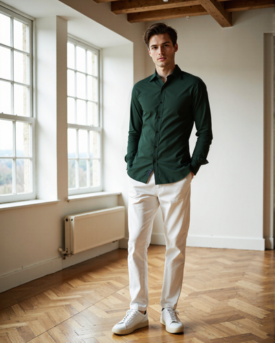 Men Bottle Green Solid Spread Collar Full Sleeves Regular Fit Casual Shirt