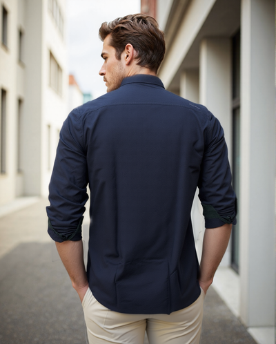 Men Navy Solid Spread Collar Full Sleeves Regular Fit Casual Shirt