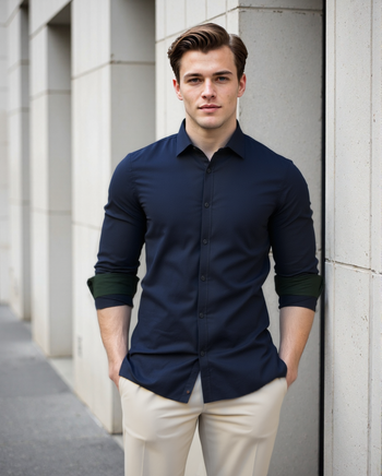 Men Navy Solid Spread Collar Full Sleeves Regular Fit Casual Shirt