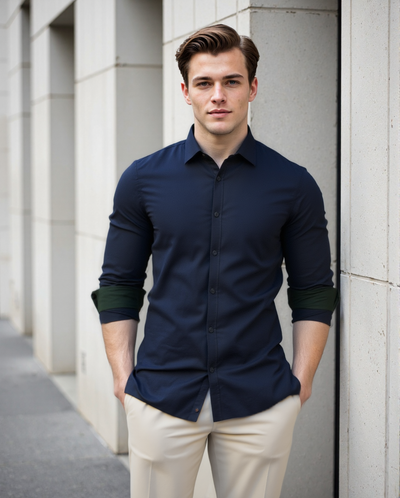 Men Navy Solid Spread Collar Full Sleeves Regular Fit Casual Shirt