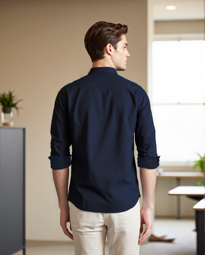 Men Navy Solid Spread Collar Full Sleeves Regular Fit Casual Shirt