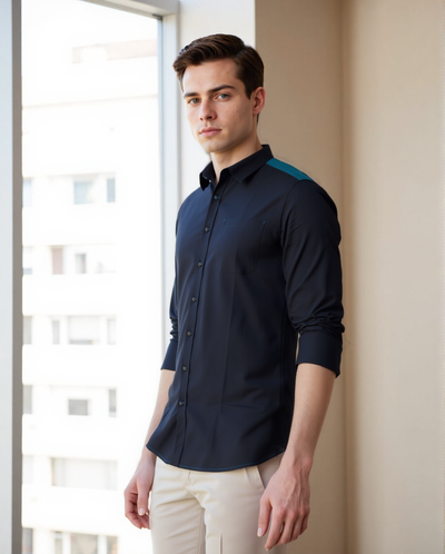 Men Navy Solid Spread Collar Full Sleeves Regular Fit Casual Shirt