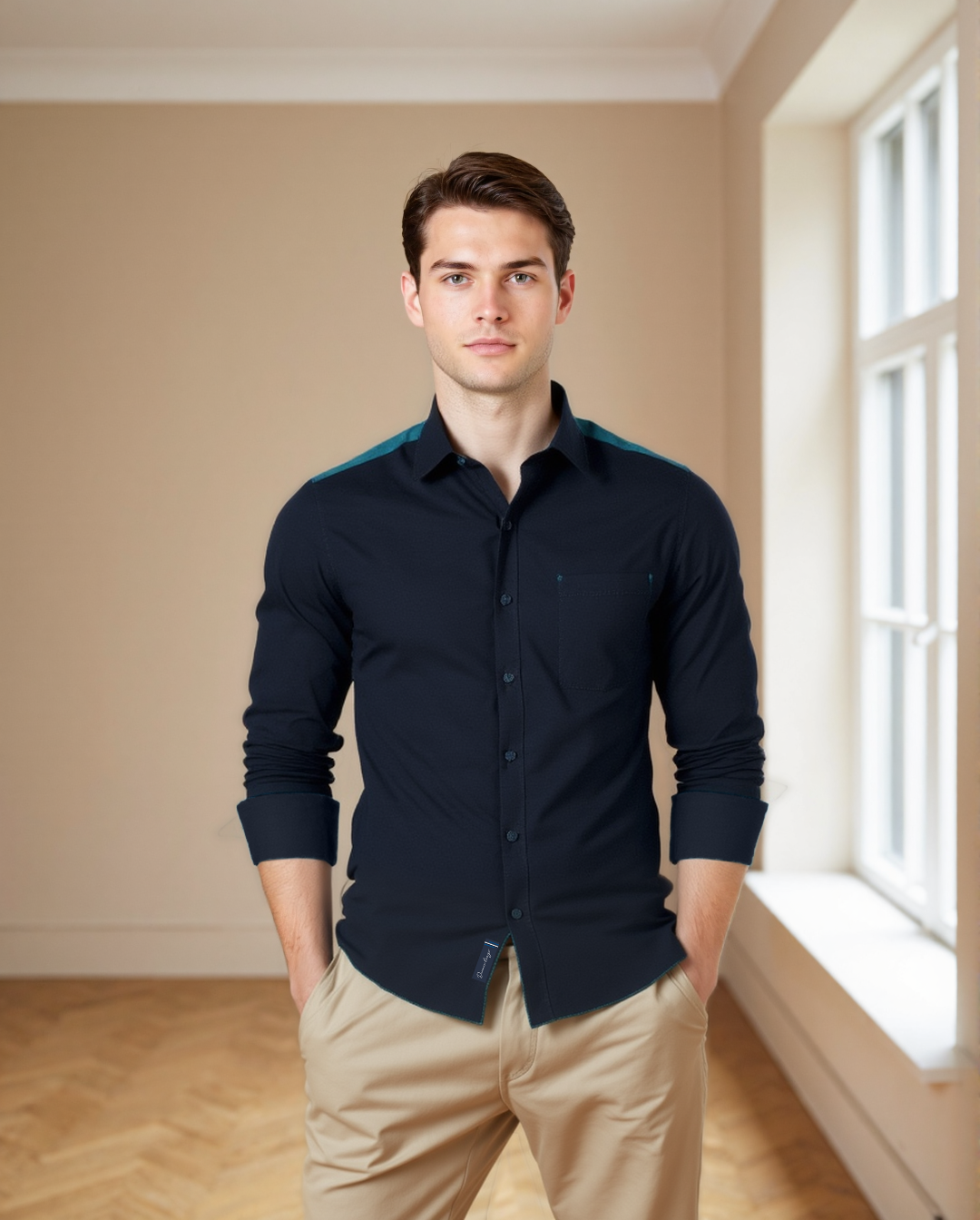 Men Navy Solid Spread Collar Full Sleeves Regular Fit Casual Shirt