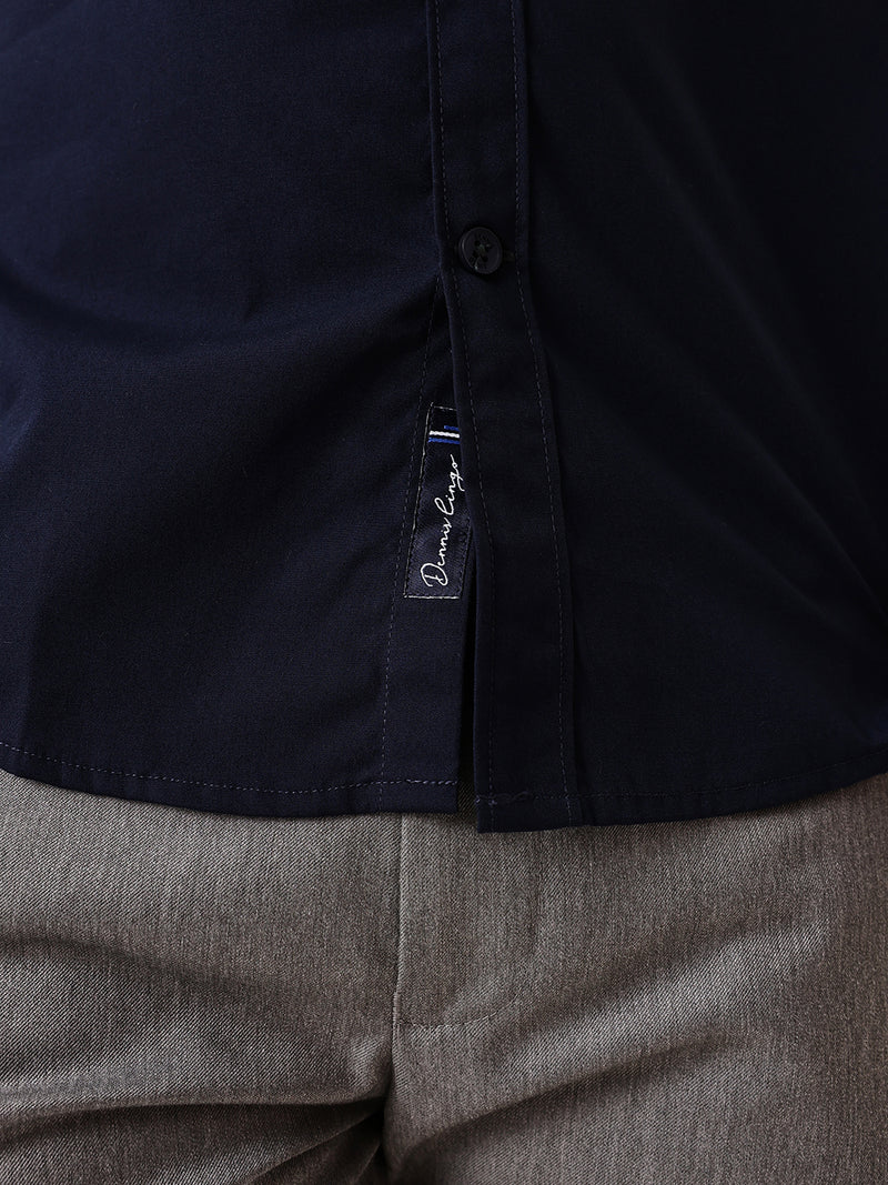 Men Navy Solid Spread Collar Full Sleeves Regular Fit Casual Shirt