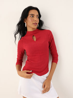 Woman Textured Slim Fit High Neck Full Sleeves Tops