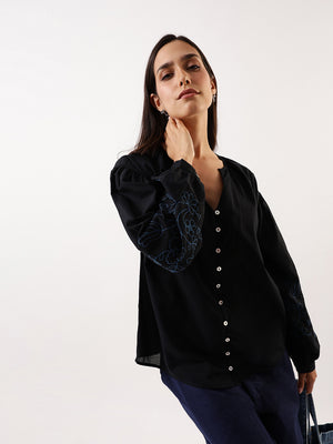 DL Woman Solid Embroidered Sleeves Mandarin Collar Top