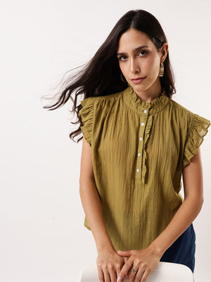 DL Woman Olive Solid Textured Sleeveless Round Neck Ruffle Top