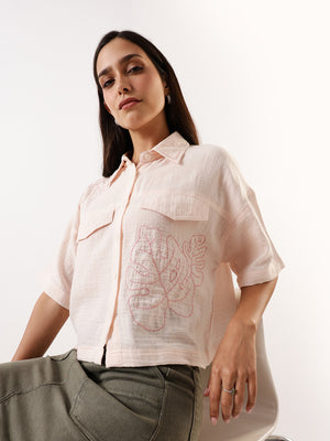 DL Woman OffWhite Embroidered Half Sleeves Spread Collar Textured Boxy Shirt