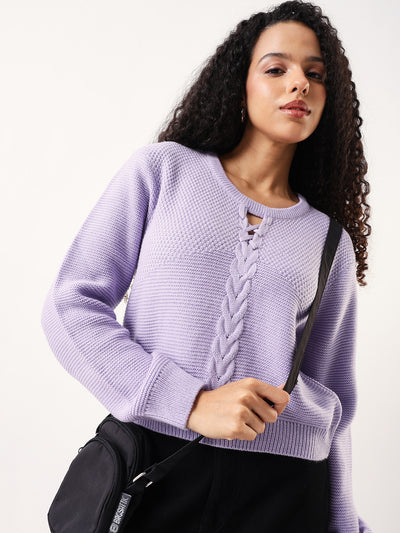 DL Woman Solid Round Neck Full Sleeves Cable Knit Sweater