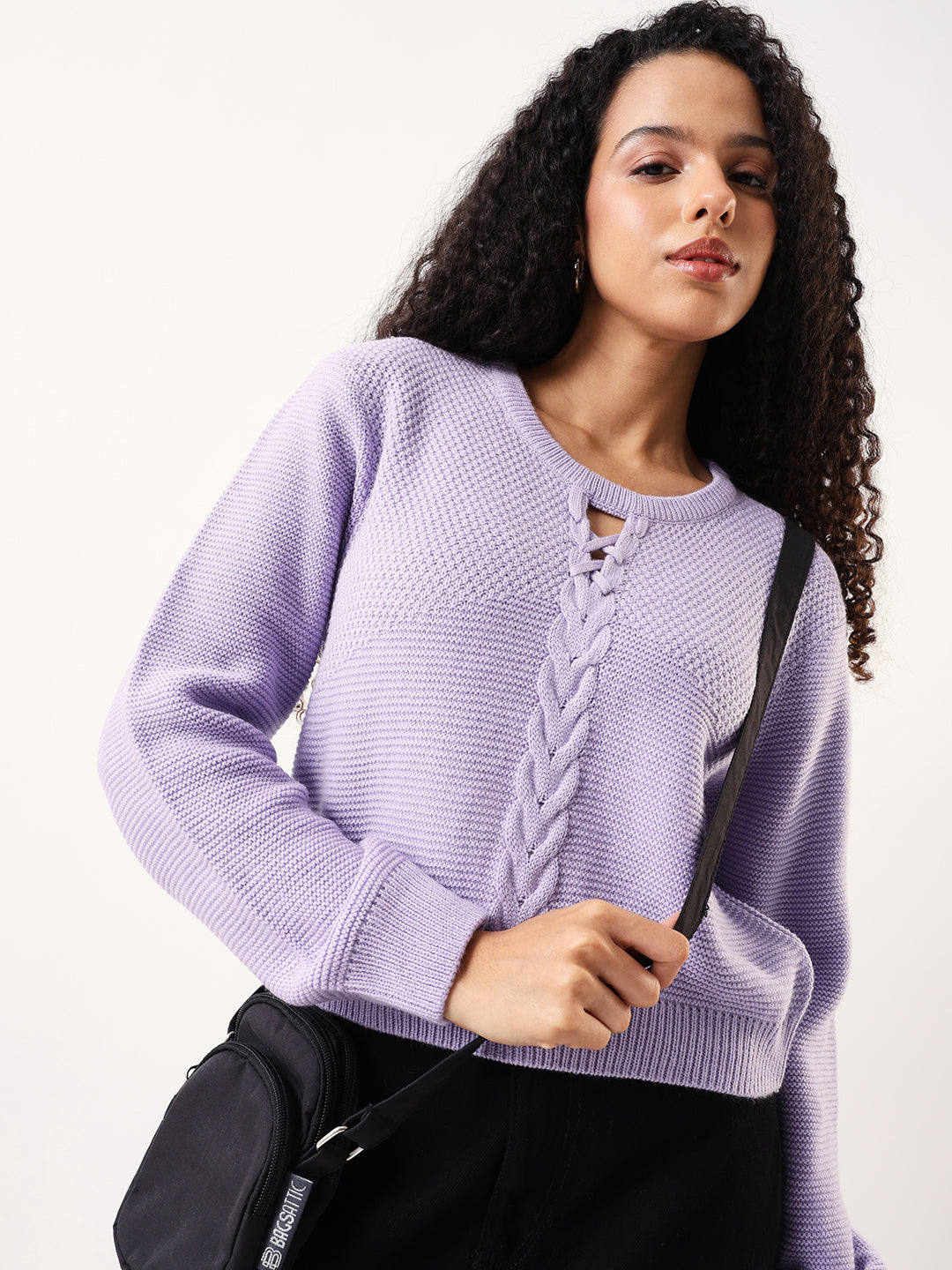 DL Woman Solid Round Neck Full Sleeves Cable Knit Sweater