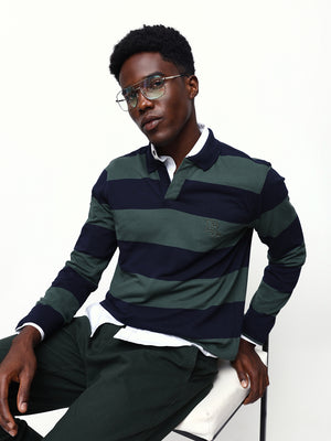 Men's Striped Polo Neck Full Sleeves Relaxed Fit T-shirt