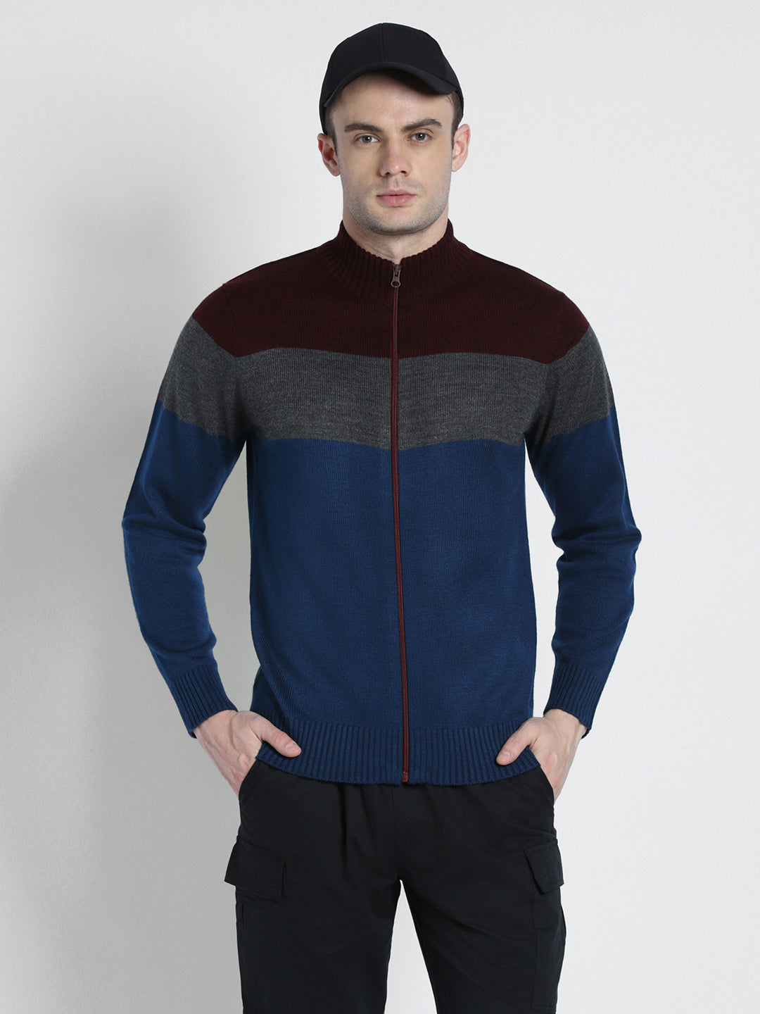 Men's Maroon Colourblocked Mock Neck Front-Open Sweater