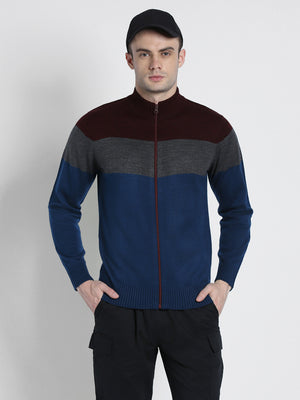 Men's Maroon Colourblocked Mock Neck Front-Open Sweater