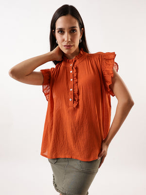 DL Woman Rust Solid Textured Sleeveless Round Neck Ruffle Top