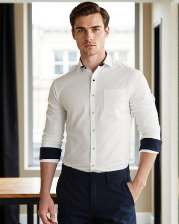 Men White Solid Spread Collar Full Sleeves Regular Fit Casual Shirt