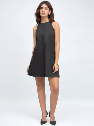 DL Woman Round Neck Regular Fit Solid Black A-Line Dress