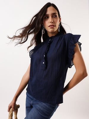 DL Woman Navy Solid Textured Sleeveless Round Neck Ruffle Top