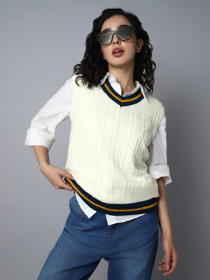 Women Cable Knit V-Neck Sleeveless Acrylic Sweater Vest