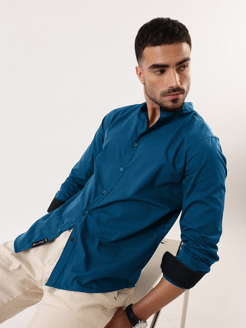 Men Teal Solid Mandarin Collar Full Sleeves Regular Fit Casual Shirt