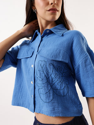 DL Woman Blue Embroidered Half Sleeves Spread Collar Textured Boxy Shirt