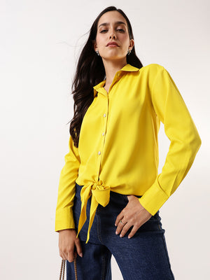 DL Woman Solid Knotted Shirt Collar Top