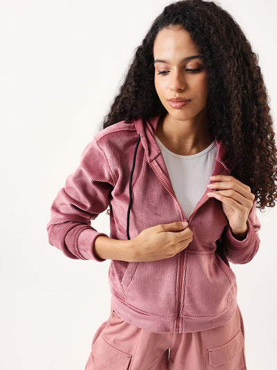 DL Woman Solid Full Sleeves Hooded Velvet Jacket