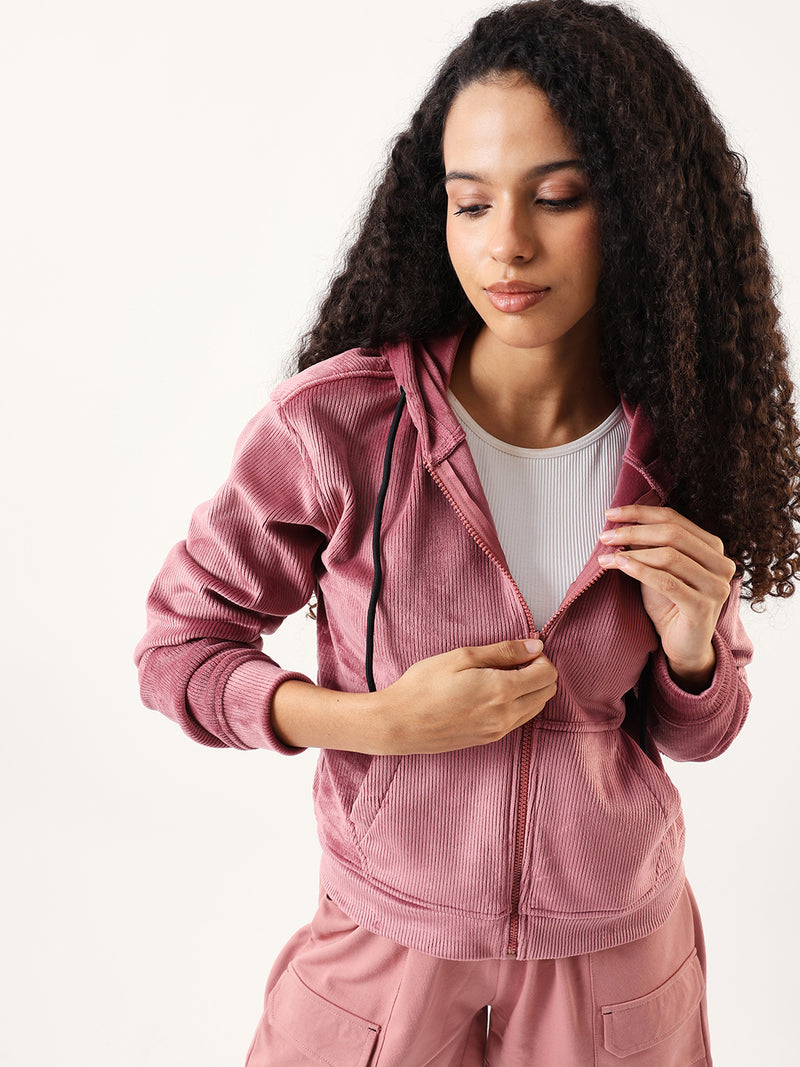 DL Woman Solid Full Sleeves Hooded Velvet Jacket