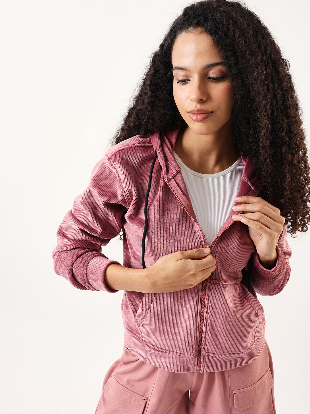 DL Woman Solid Full Sleeves Hooded Velvet Jacket