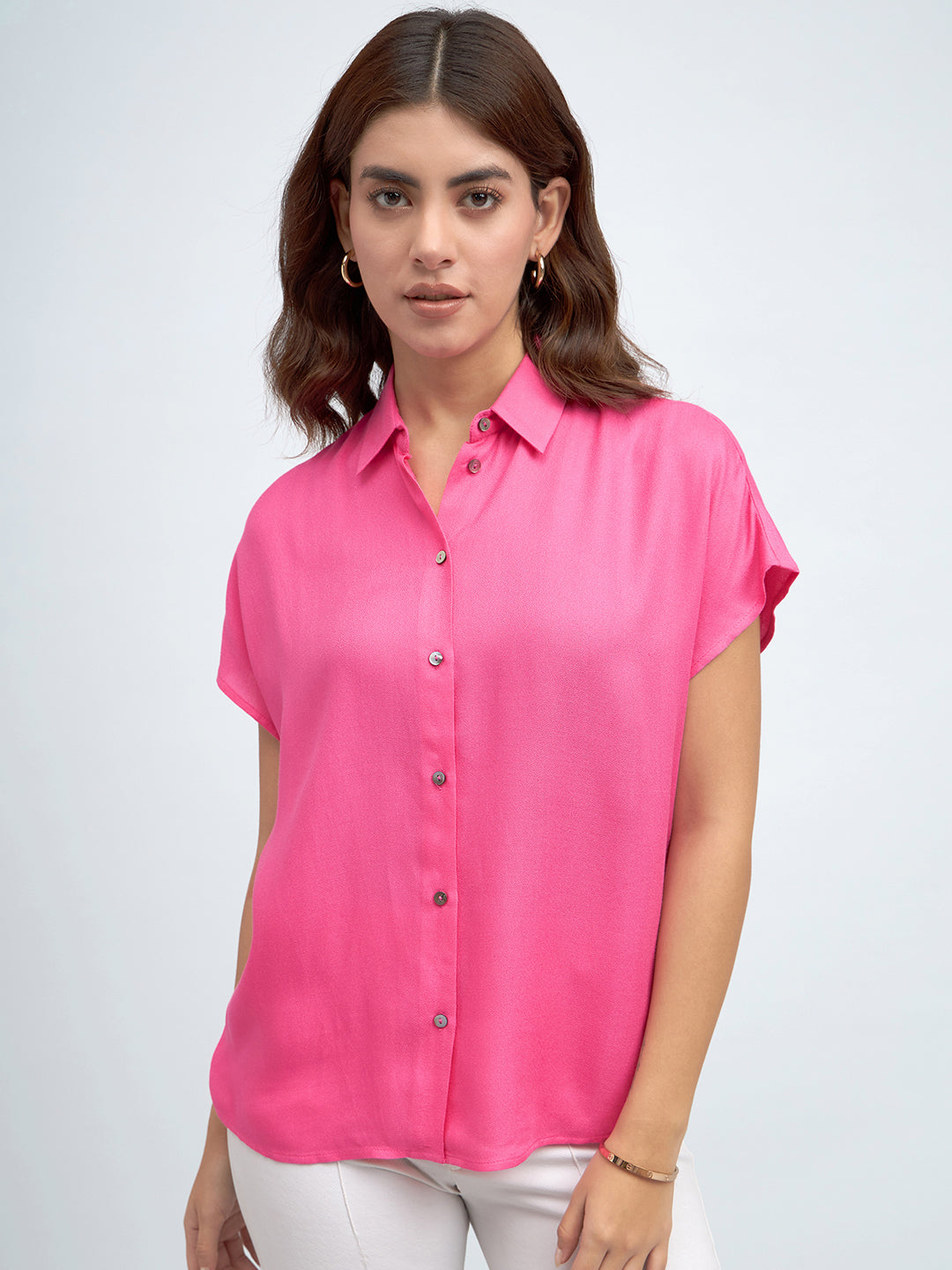 Women Spread Collar Relaxed Fit Solid Pink Shirt