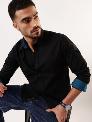 Men Black Solid Spread Collar Full Sleeves Regular Fit Casual Shirt