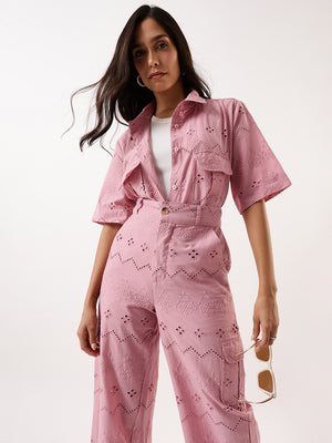 DL Woman Pink Schiffli Half Sleeves Shirt with Trousers Co-ords