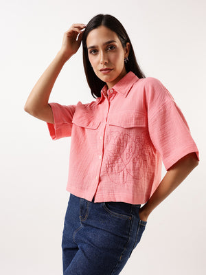 DL Woman Pink Embroidered Half Sleeves Spread Collar Textured Boxy Shirt