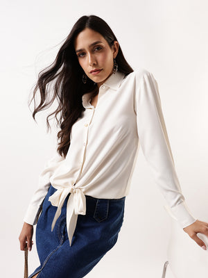 DL Woman Solid Knotted Shirt Collar Top