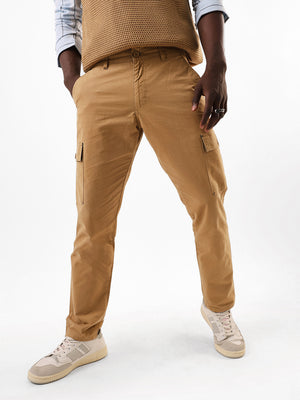 Men's Khaki Solid Slim Fit Cargo Trouser