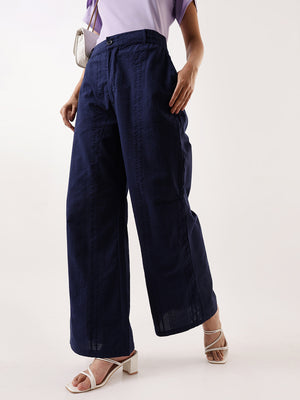 DL Woman Blue Textured Striped Relaxed Fit Trousers