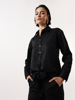 DL Woman Solid Knotted Shirt Collar Top