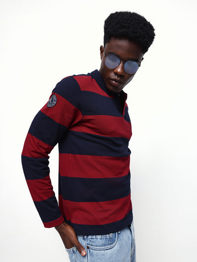 Men's Striped Polo Neck Full Sleeves Relaxed Fit T-shirt