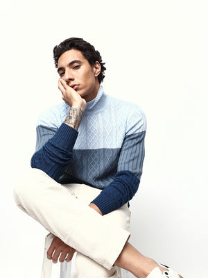 Men's Colourblocked Cable Knit Turtle Neck Pullover Sweater