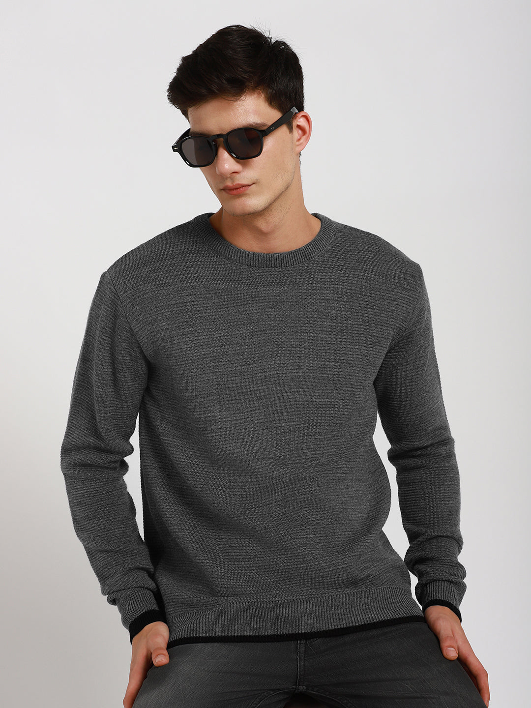 Dennis Lingo Men's Mid grey Mel Solid Mock Full Sleeves Half Zip Sweater