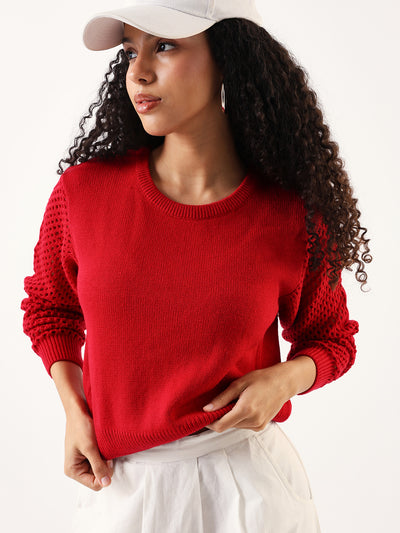 DL Woman Solid Round Neck Pointelle Knit Sweater
