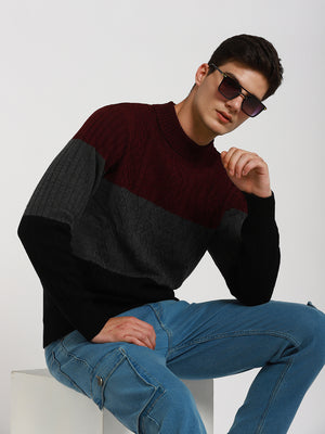 Men's Maroon Colorblock Round Neck Pullover Sweater